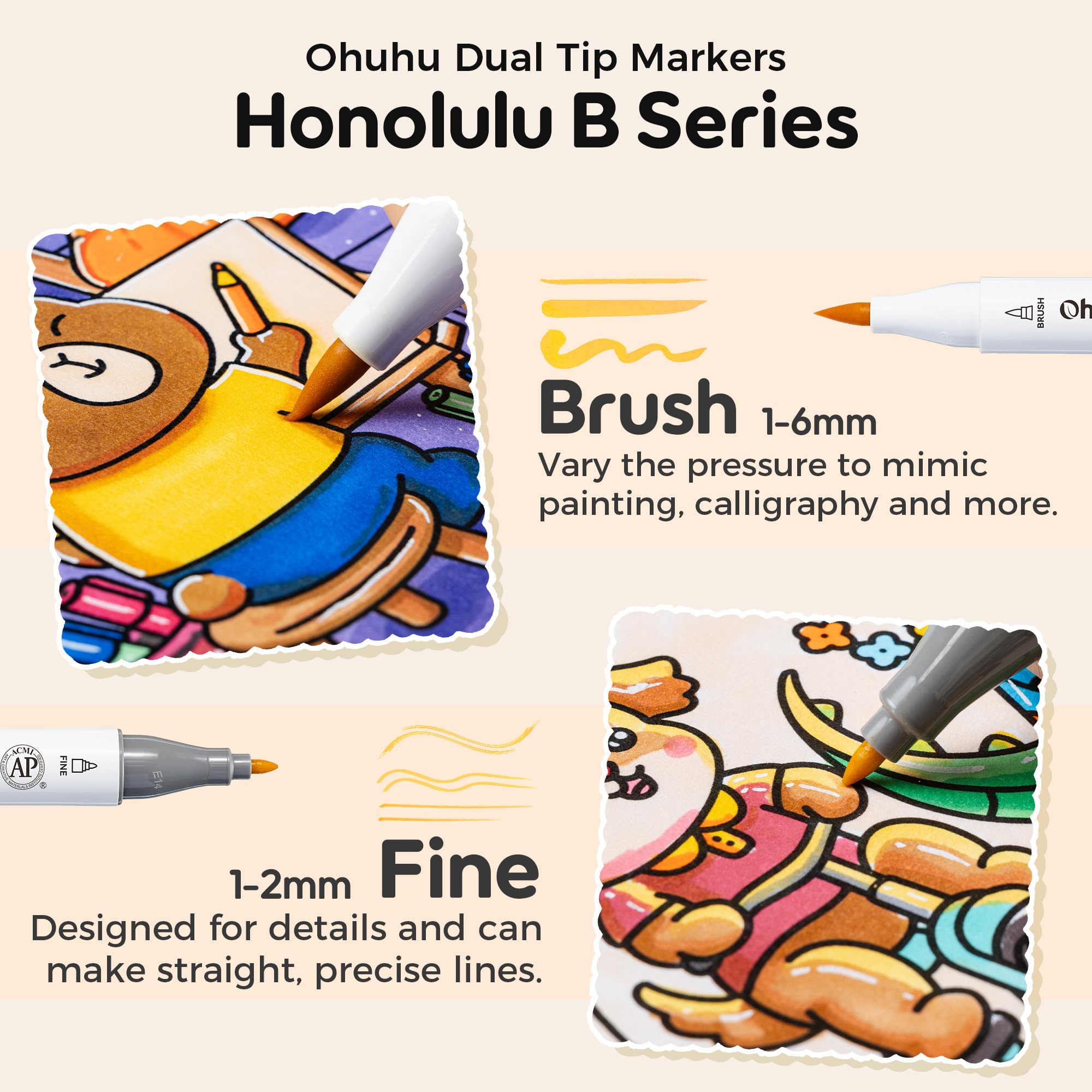Ohuhu Honolulu B, 48 pennarelli a colori con libro da colorare con libro da colorare, pennello certificato AP e punta fine, ricaricabili, per adulti, illustrazione, regalo per alleviare lo stress