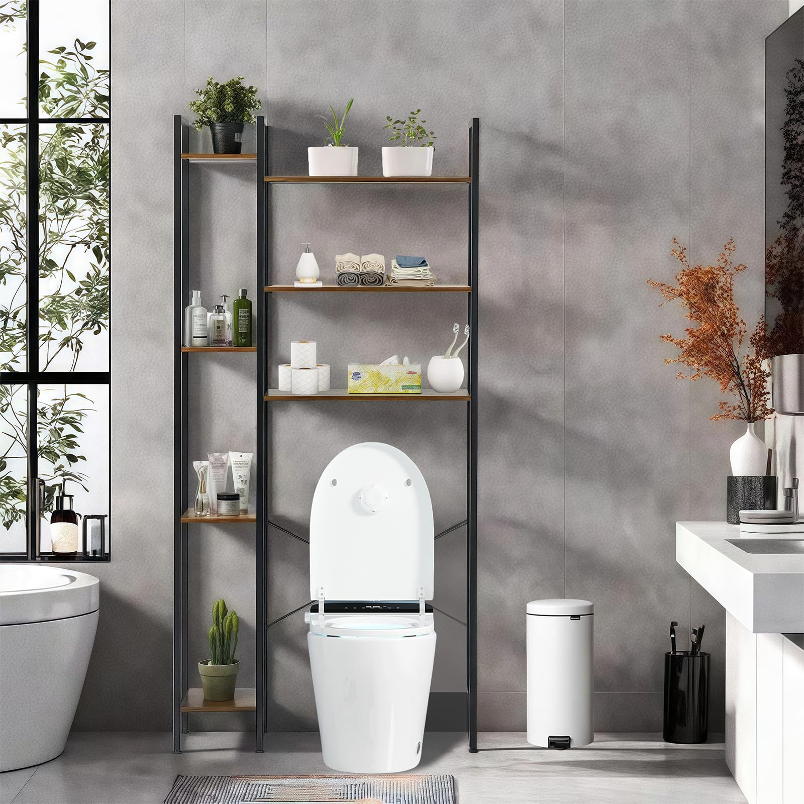 Étagère Toilette, Étagère Au-Dessus des Toilettes, Réglable, Gain de Place, Étagère Rangement Salle de Bain, Meuble buanderie, Style Industriel, Marron et Noir
