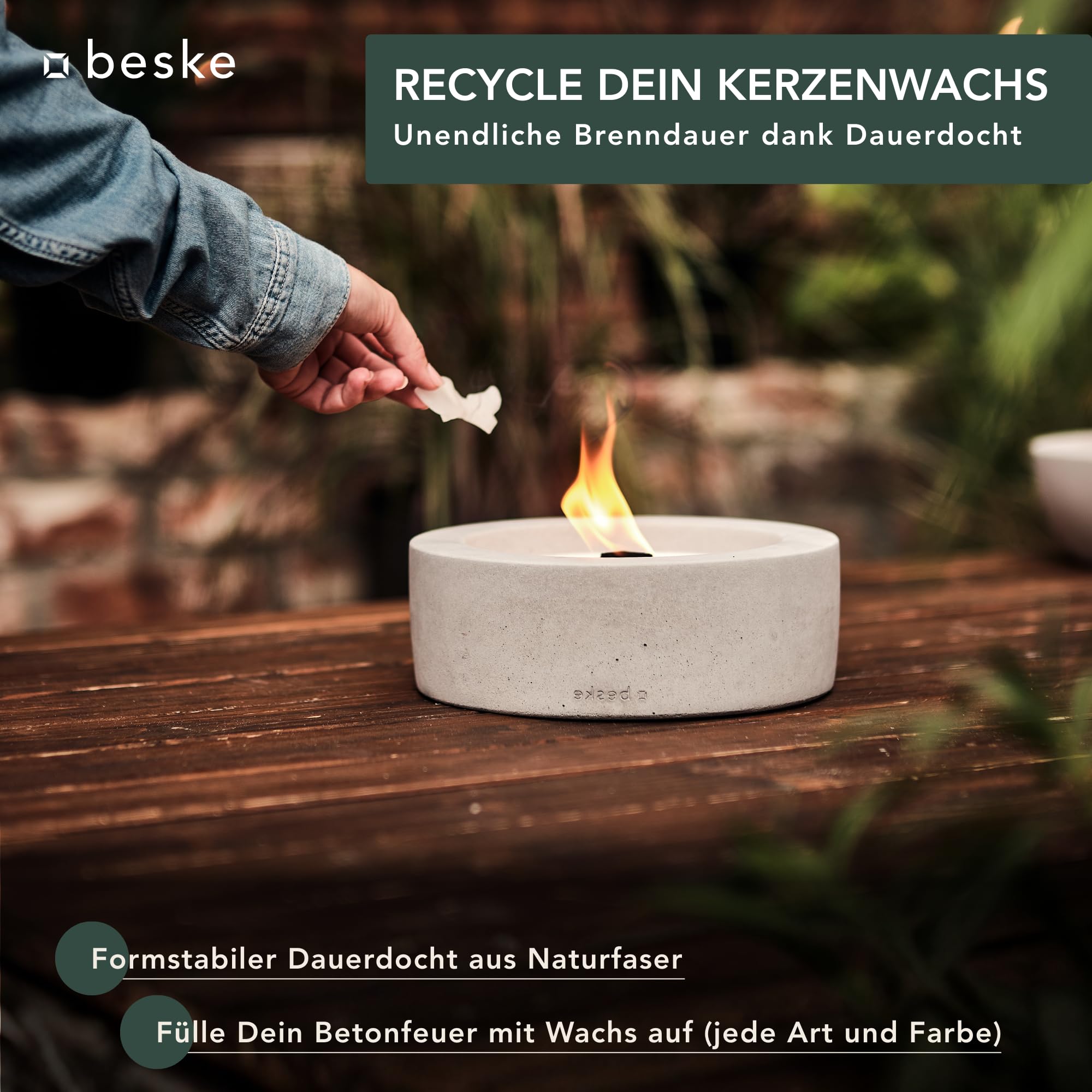 Beske-Manufaktur Tischfeuer Fackel Modell Taal Ø25cm Dauerdocht Wiederbefüllbar