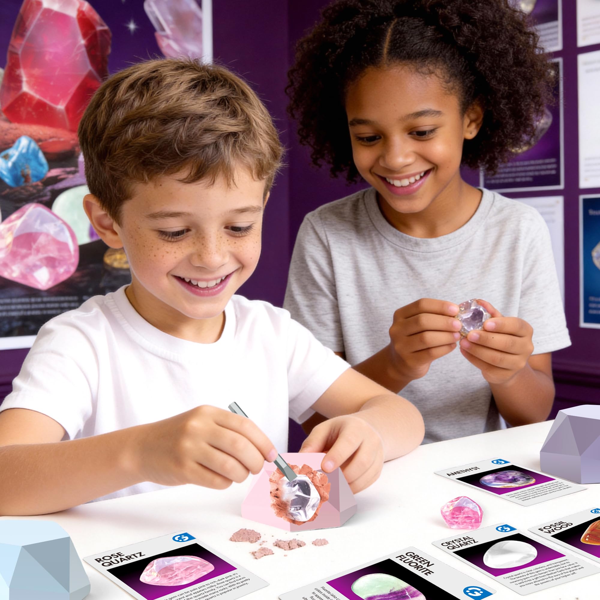 Gamerside Kit Excavation Enfant – 12 Pierres Précieuses Naturelles à Déterrer avec 12 Cartes d’Apprentissage, Coffret Pierre Précieuse Enfant Éducatif, pour Garçons et Filles de 6 à 12 Ans