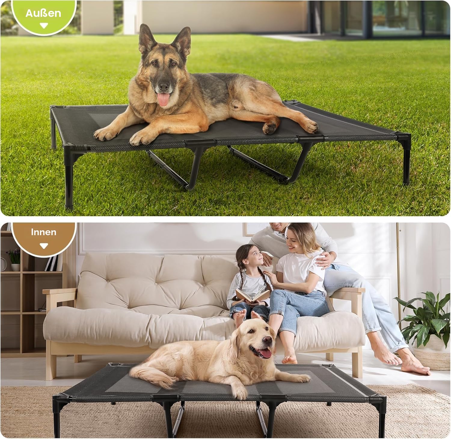 petizer Erhöhtes Hundebett für extra große Hunde, Outdoor-Hundebett, wasserdicht, erhöhtes kühlendes Haustierbett, waschbar, atmungsaktiv, XXL-Hundebett mit Stützstangen – bis zu 90 kg, unzerstörbar