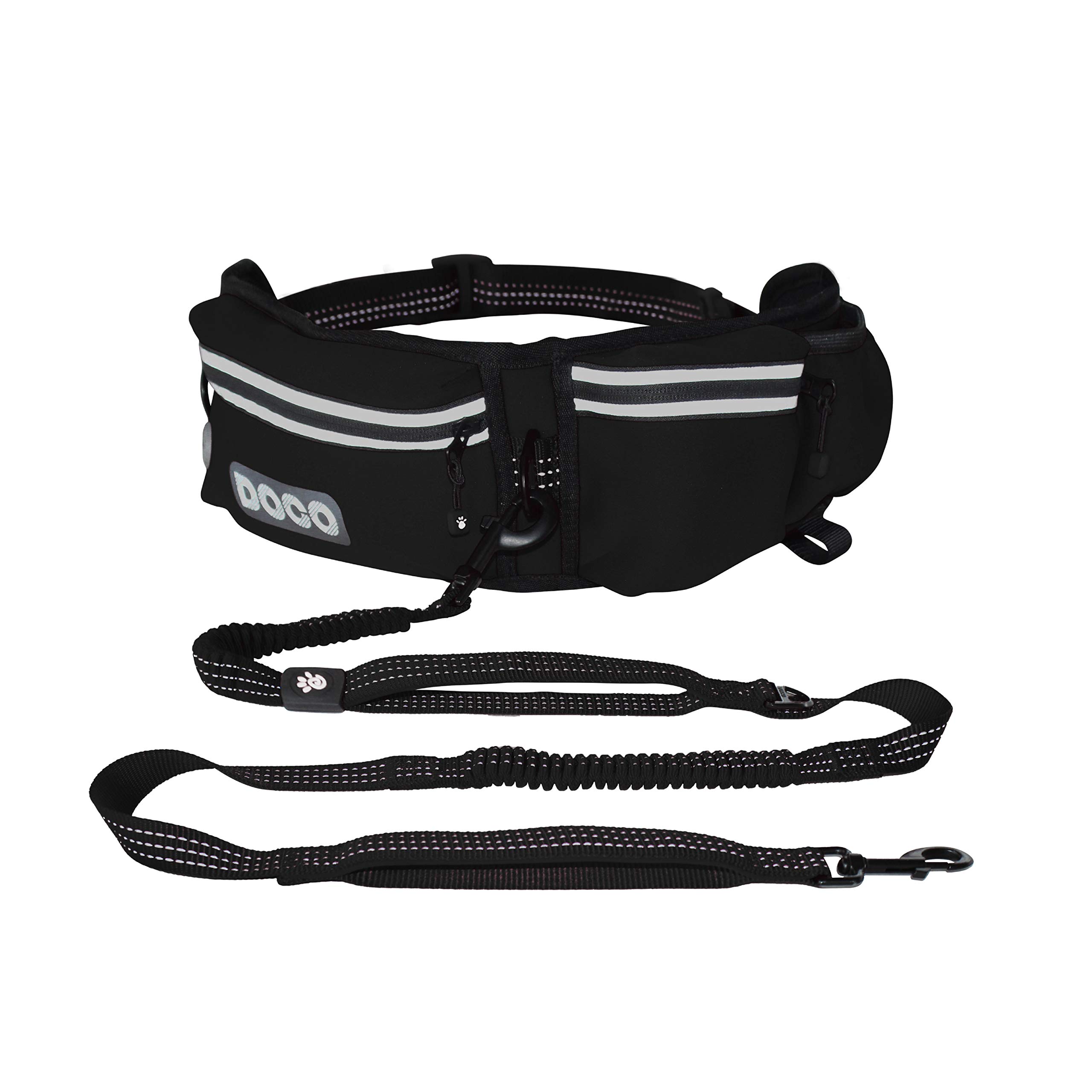 DOCOHands Free Dog Leash (Waist 26”- 48”, Leash- 1”x 5ft) Waist Belt for Walking, Running, Training & Hiking, Bungee with Dual Handles, Adjustable Fit, Reflective Safety Design for Large Dogs (Black)