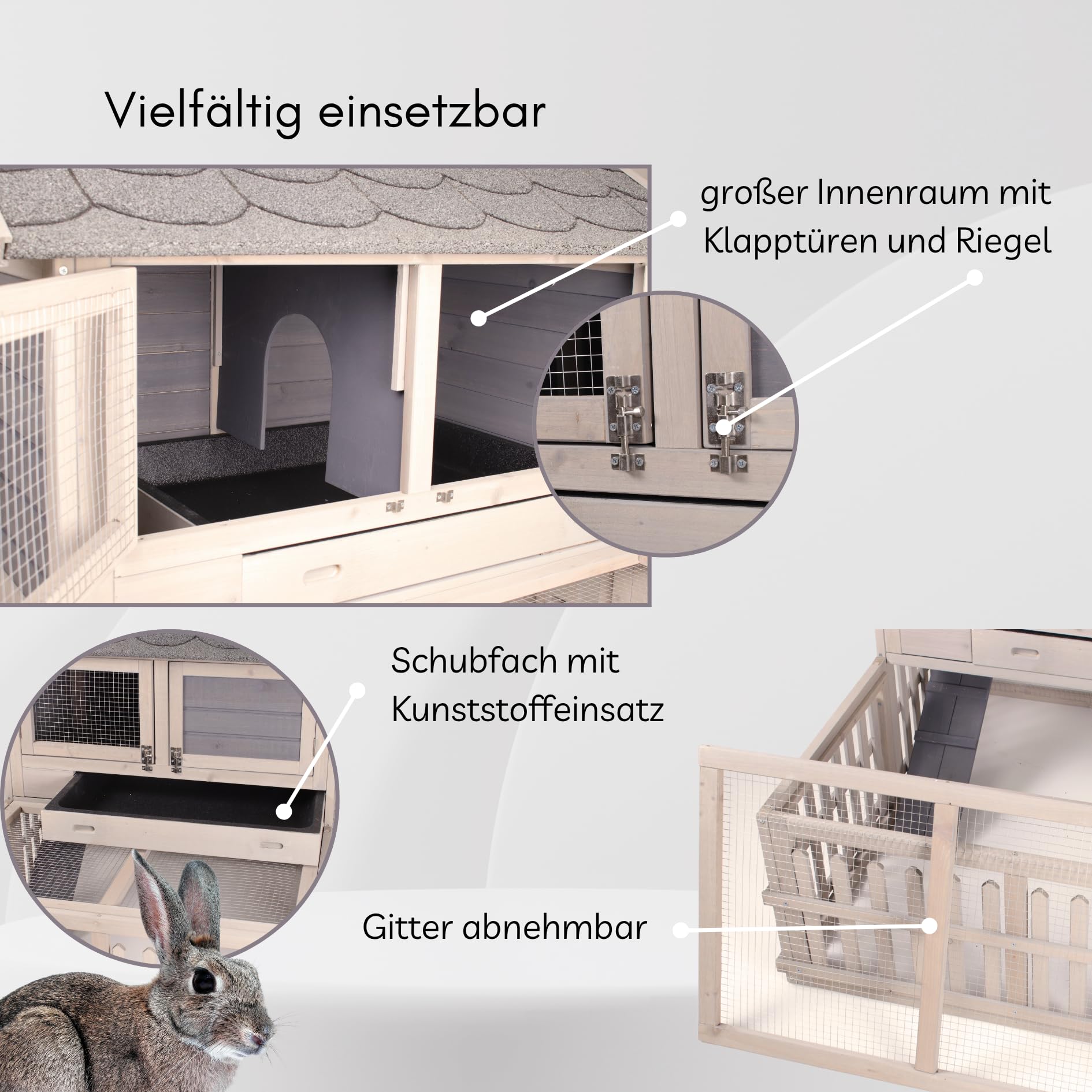 Kaninchenstall für draußen, grau/braun | Robuster Kaninchenstall für draußen mit wetterfester Lasur und sicherem Rückzugsort für eine artgerechte Tierhaltung.