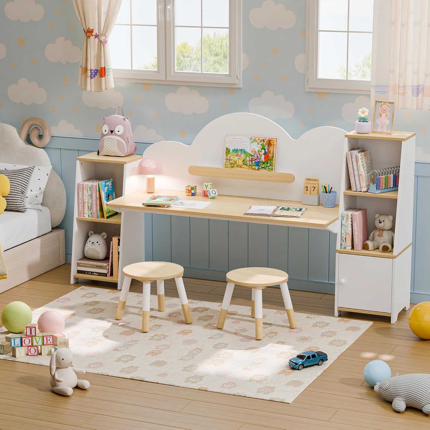 Xilingol Kids Study Desk with Bookshelves and 2 Stools, Kids Desk and Chair Set with 5 Storage Cabinets, Wooden Children Writing Table, Student Study Table for Ages 3-8, Bedroom, Boys, Girls - Image 3