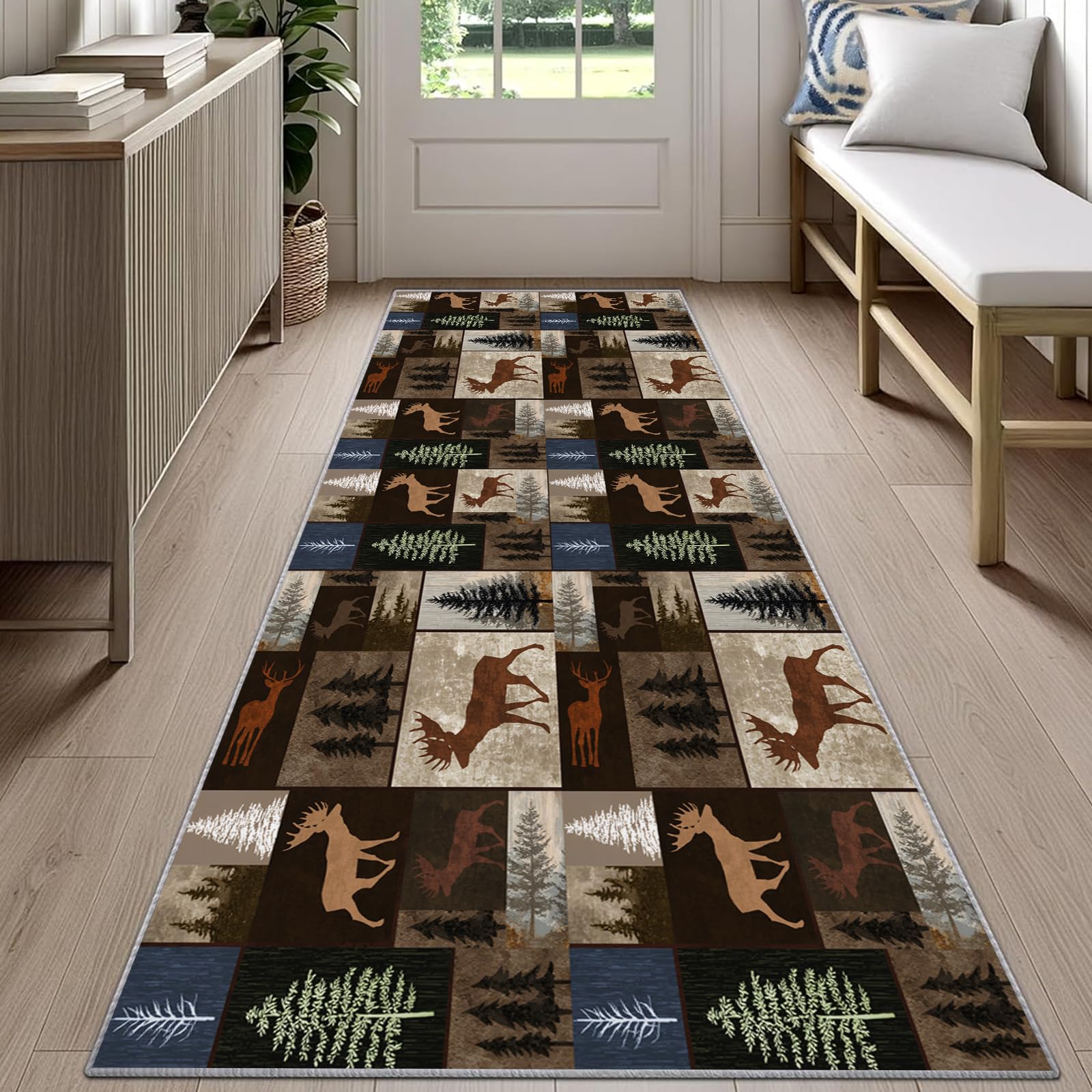 Rustic Cabin Lodge Rugs for Cabin 2x7ft Woodland Deer Runner Rug Western Farmhouse Rug Low-Pile Stain Resistant Carpet