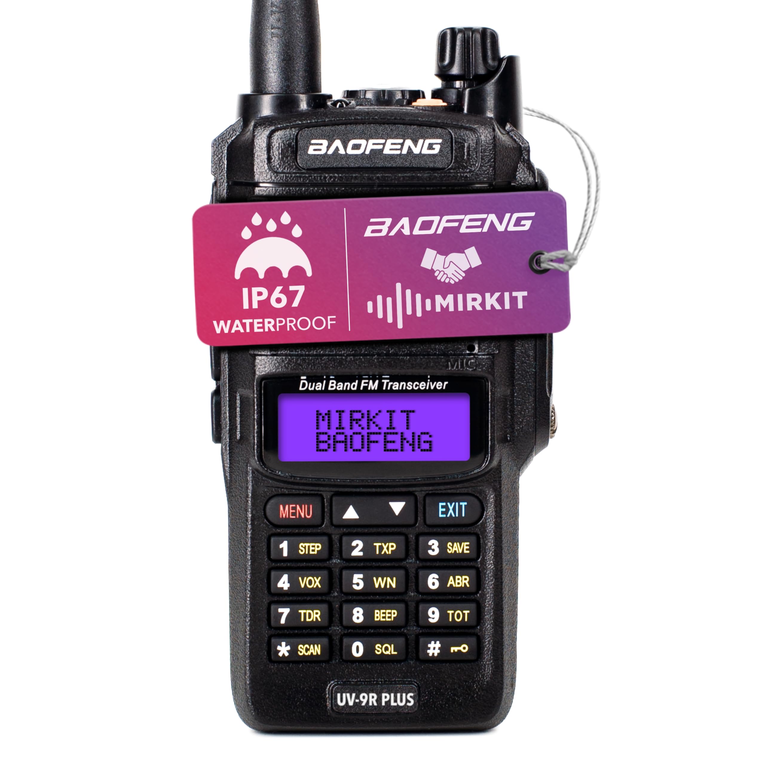MIRKIT Radio étanche UV-9R Plus MK1 (UV-82 3e génération), MaxPower câble USB pour batterie double bande UV9R & 2200 mAh, IP67 Radio portable : poussière, froid & étanche