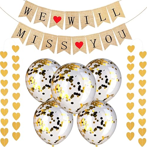 Gejoy Kit de suministros de decoración de fiesta de despedida, 14 piezas con texto en inglés "We Will Miss You", pancarta de arpillera con purpurina