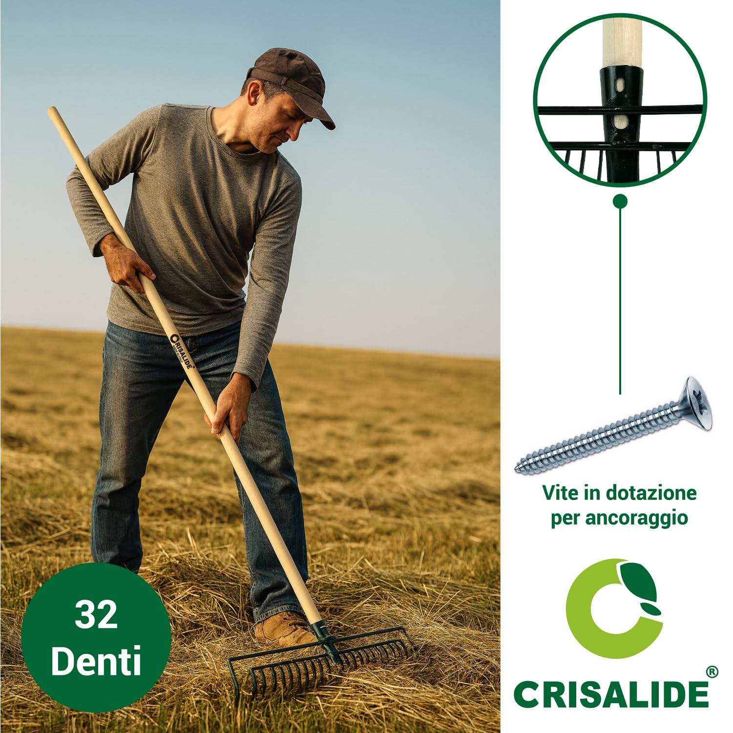 CRISALIDE® Rastrello per Fieno 32 Denti – Manico in Legno di Faggio 150 cm – Con Vite di Fissaggio Inclusa – Attrezzo da Giardinaggio e Agricoltura Professionale