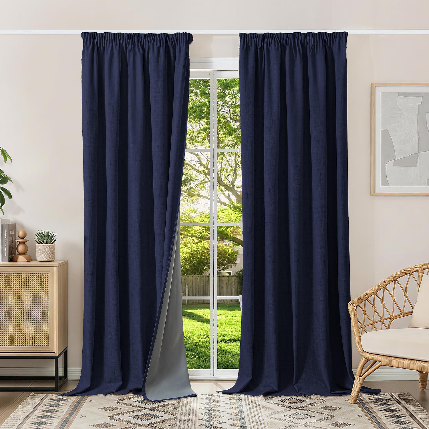 Runyéla 100% Blackout Curtains Pencil Pleat Linen Curtain for Bedroom Living Room Thermal Insulated 46 x 90 Inch Drop 2 Panels Denim Blue