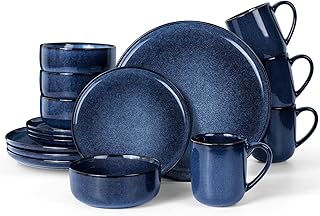 Homikit Dinner Set for 4, 16-Piece Reactive Glaze Kitchen Dinnerware Sets, Elegant Stoneware Included Plates Bowls and Mugs, Non-Scratch & Sturdy, Dishwasher & Microwave Safe, Nebulas Blue