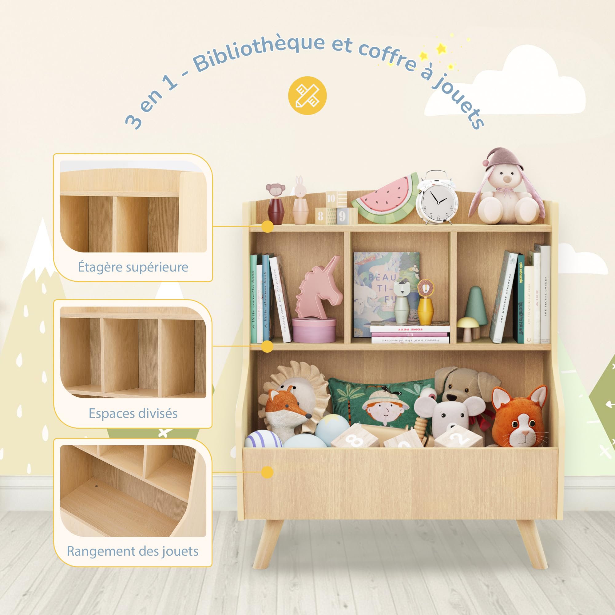 LUE BONA Bibliothèque Enfant,Coffre à Jouets pour Enfants,Rangement Jouet Enfant avec 3 Compartiments et 3 Cubes Ouverts,Bibliothèque Meuble de Rangement,36 × 61 × 71 cm,Teinte de Bois Brut