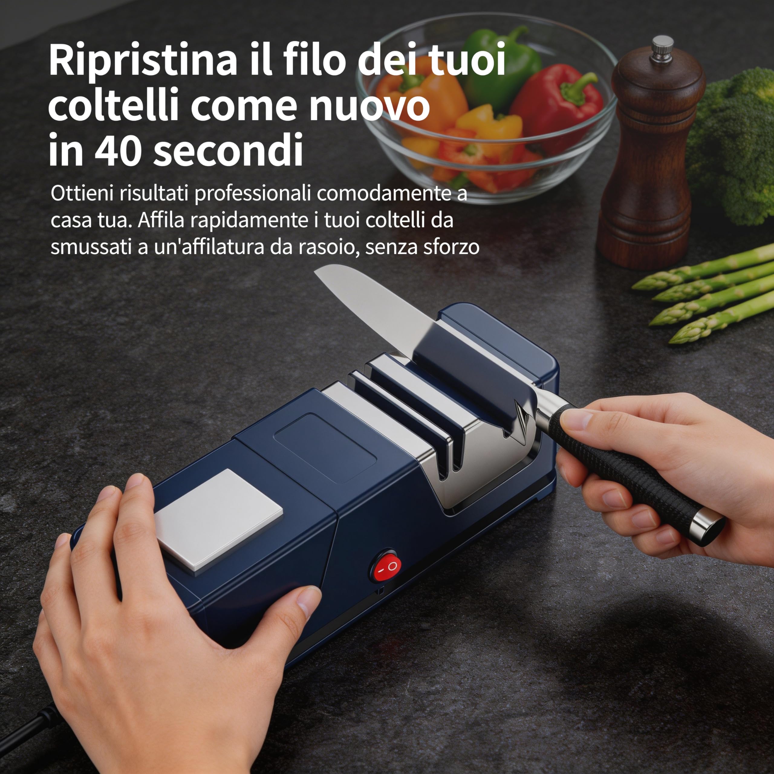 Affilacoltelli elettrico 5 in 1, rivestimento in diamante, Motore Silenzioso, Affilacoltelli da Cucina con Base Antiscivolo, Utensili da Cucina Sicuri e Facili da Usare (JU1)