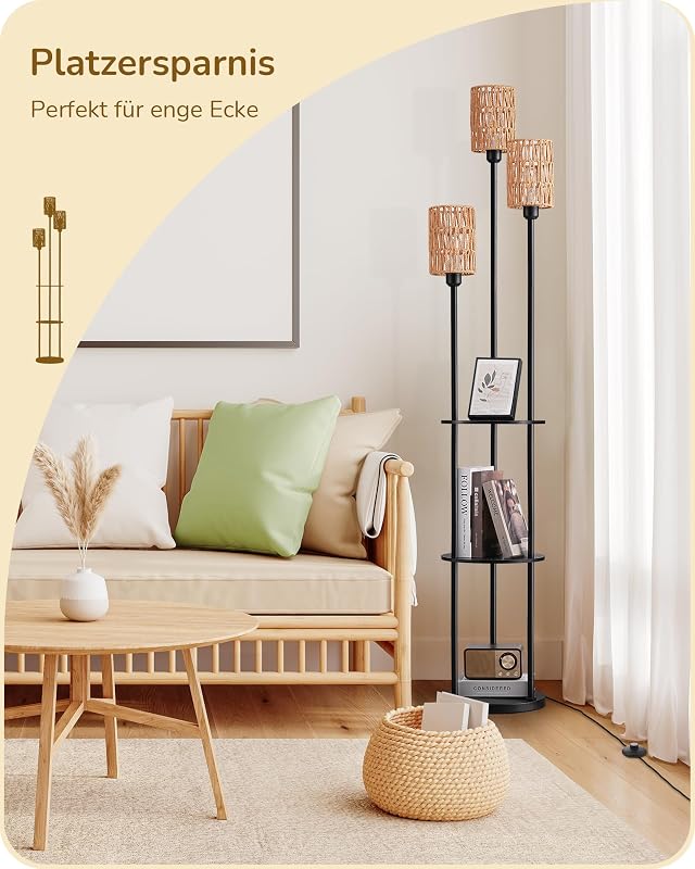 EDISHINE 3-ágú vintage állólámpa polccal és rattan árnyéklóval, 178 cm, E27 foglalattal