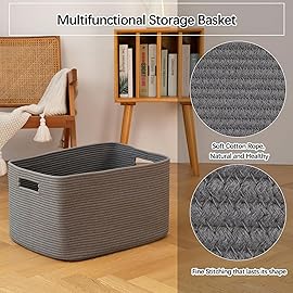 OIAHOMY XXLarge Rectangle Blanket Basket-96L, Cotton Woven Basket for Storage, Dirty Clothes Basket for Living Room, Nursery, Bedroom, Toy Organizing with Handle, 24 x 16 x 15, Dark Grey