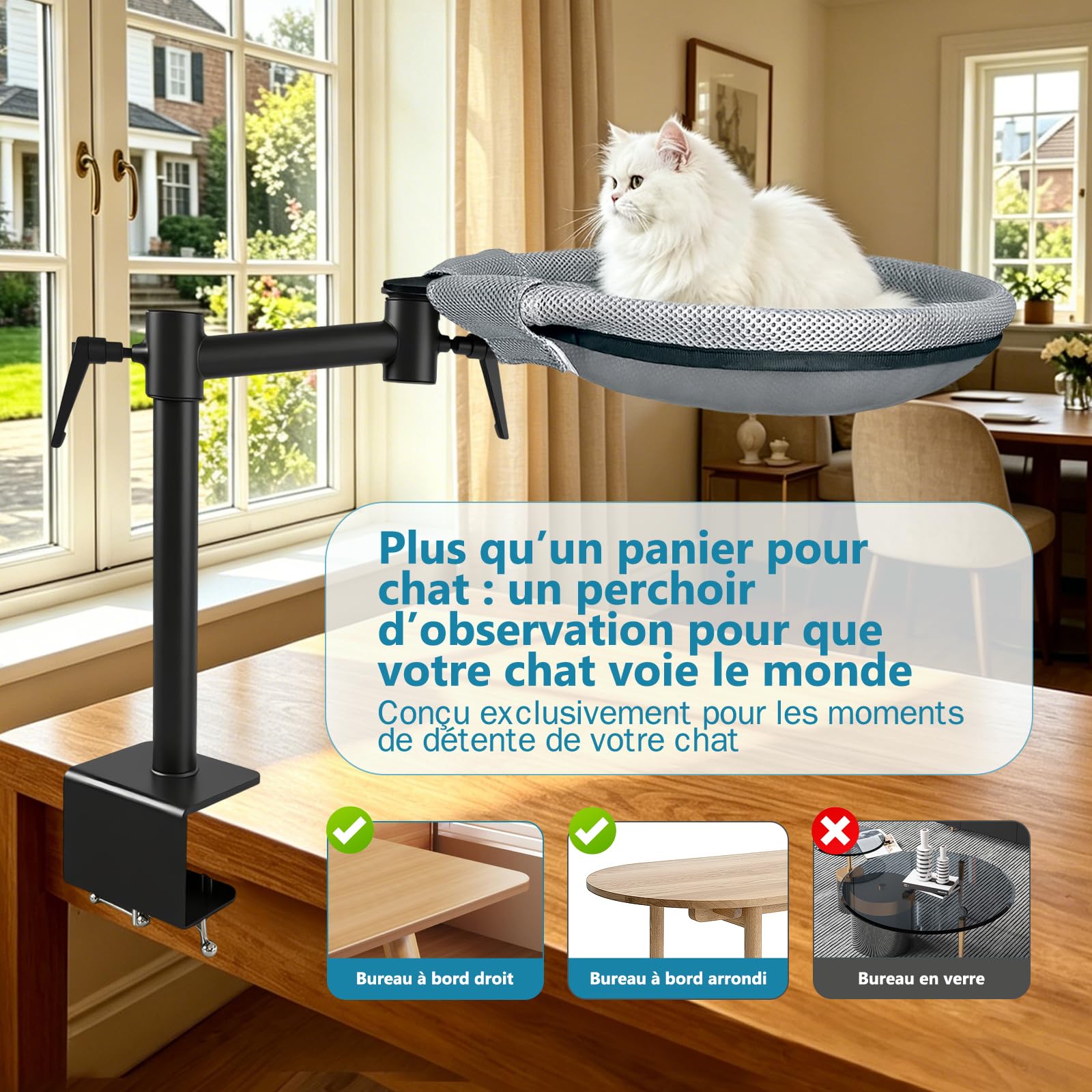 Panier Chat Bureau Réglable en Hauteur | Lit de Bureau pour Chat Rotation de 360° Lit pour Chat avec 2 Housses en Filet Amovibles Hamac pour Bureau Jusqu'à 20KG, Gris