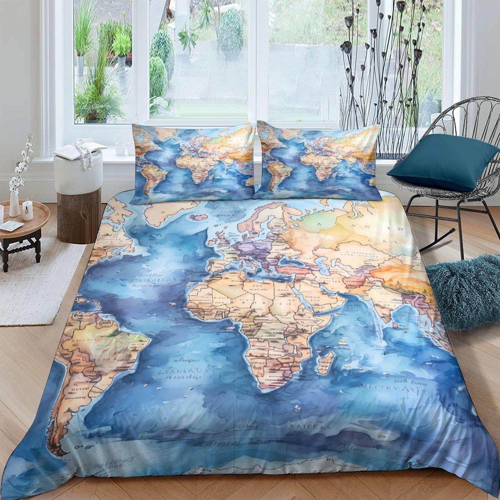 GPLZQXKJNH 3D Printed World Map Duvet Cover Microfiber Soft Watercolor Globe Bedding Set with 2 Pillowcases for Bedroom Home Single（135x200cm）