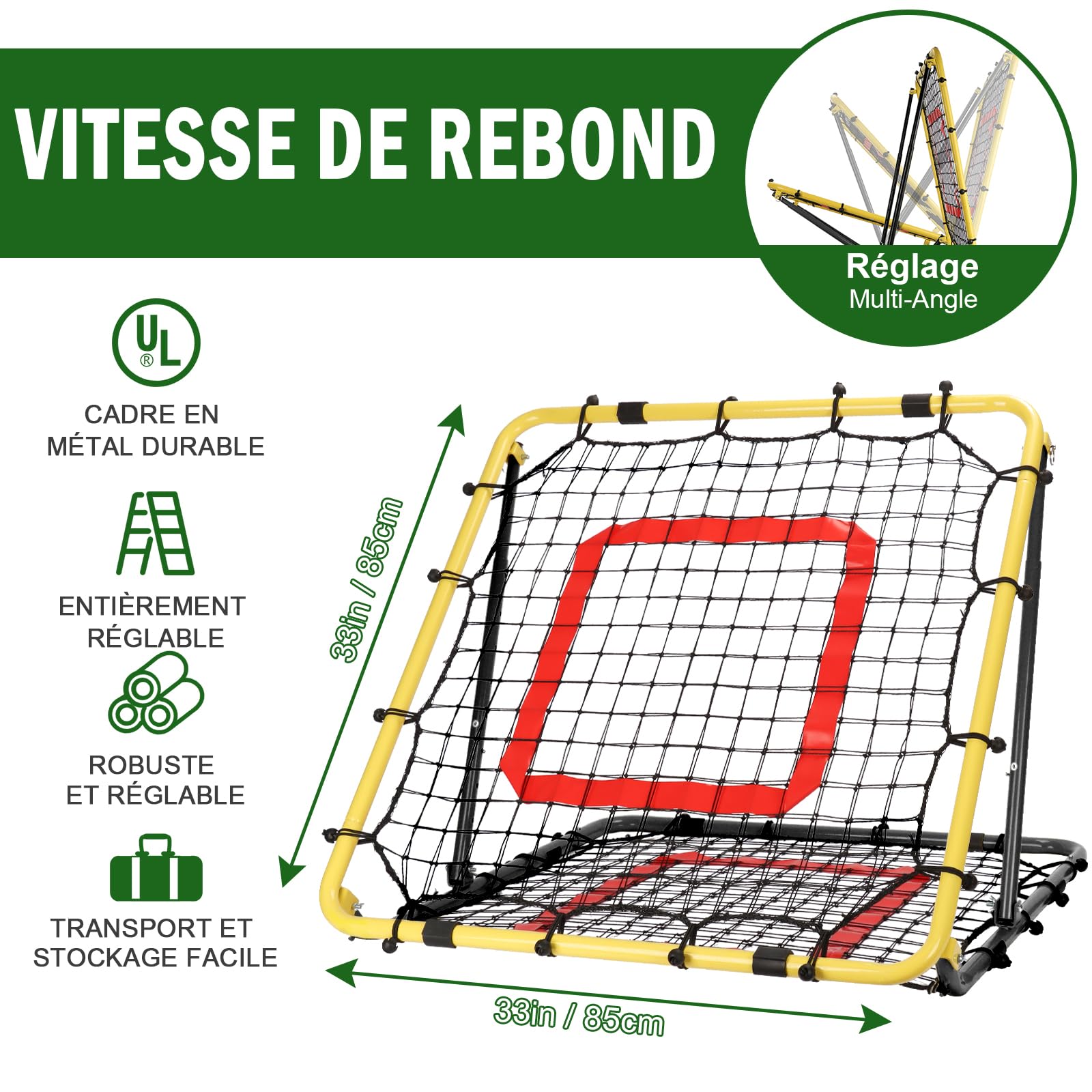 BaseGoal Filet de Rebond Football, Ajustable Angle Réglables Rebondisseur de Football Pliable avec Filet Double Couche, Convient pour Entraînement et Plus Varié Enfants et Adolescents