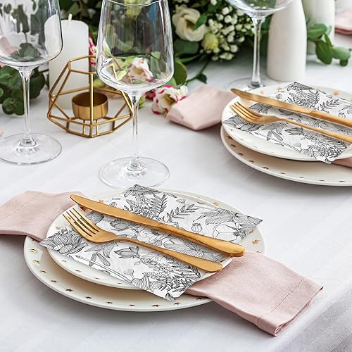 Miniatura 5 de AnyDesign 80 servilletas de papel de flores blancas y negras, servilletas de almuerzo florales salvajes, patrón de dibujo de líneas, servilletas
