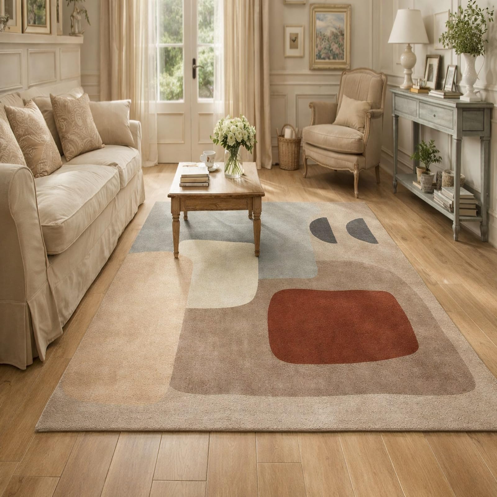 Tapis de salon table basse pour réchauffer un sol froid gris ou blanc