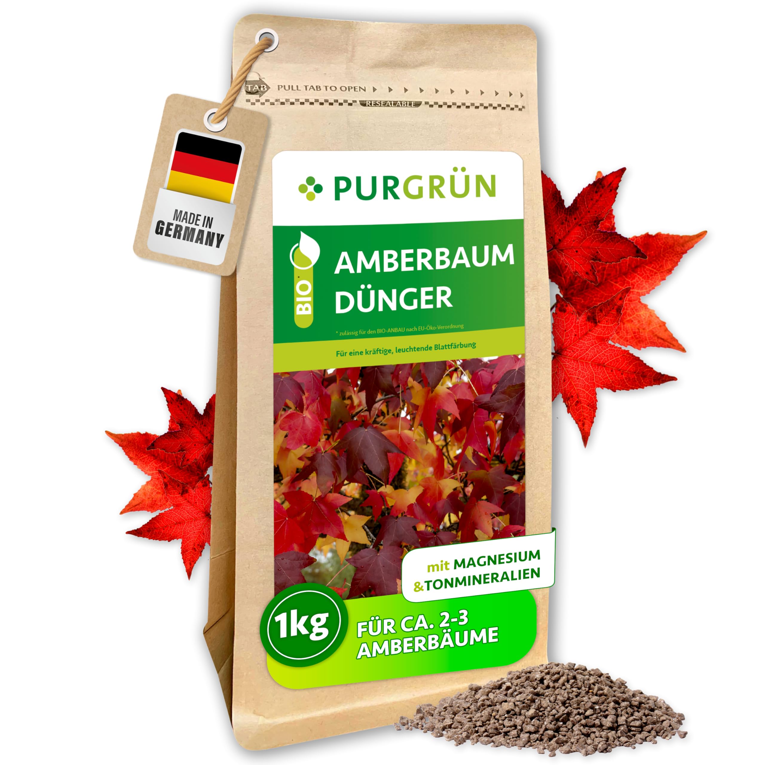 Bio-Amberbaum-Dünger 1 kg – Organisch-mineralische Rezeptur – Feinkörniges Krümelgranulat – NPK 6+3+8 – Mit Magnesium für eine intensive Blattfärbung – Verbessert die Bodenqualität