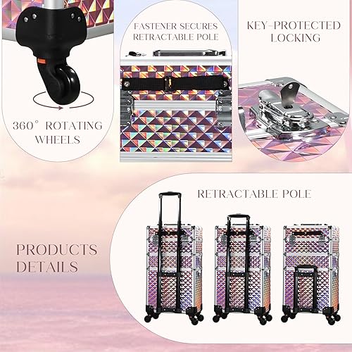 Miniatura 7 de FRENESSA Estuche de tren de maquillaje rodante 3 en 1, carrito de cosméticos profesional, gran almacenamiento para esteticistas, estilistas,