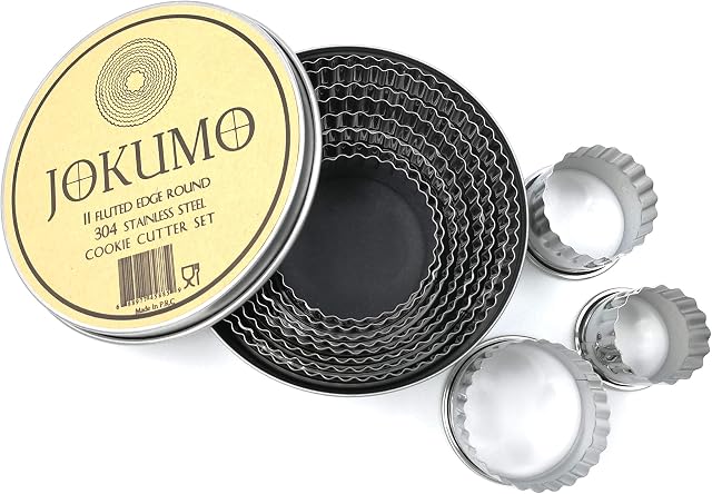 JOKUMO 11 Piece Graduated Sizes Fluted Edge Round Pastry/Cookie Cutter Set Heavy Duty 18/8 304 Stainless Steel  Metal Engrave Size Tin Storage Box for Scones, Pastries, Baking
