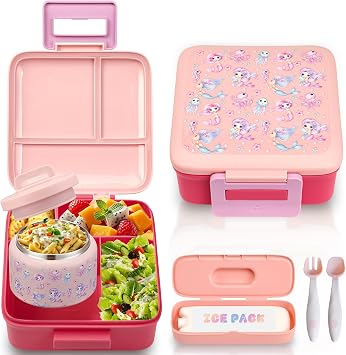Bento Lunch Box for Kids with 8oz Soup Thermo Leak-Proof Lunch Food Containers with Snack Sauce Container for Kid Girls Boys to School Pink Mermaid
