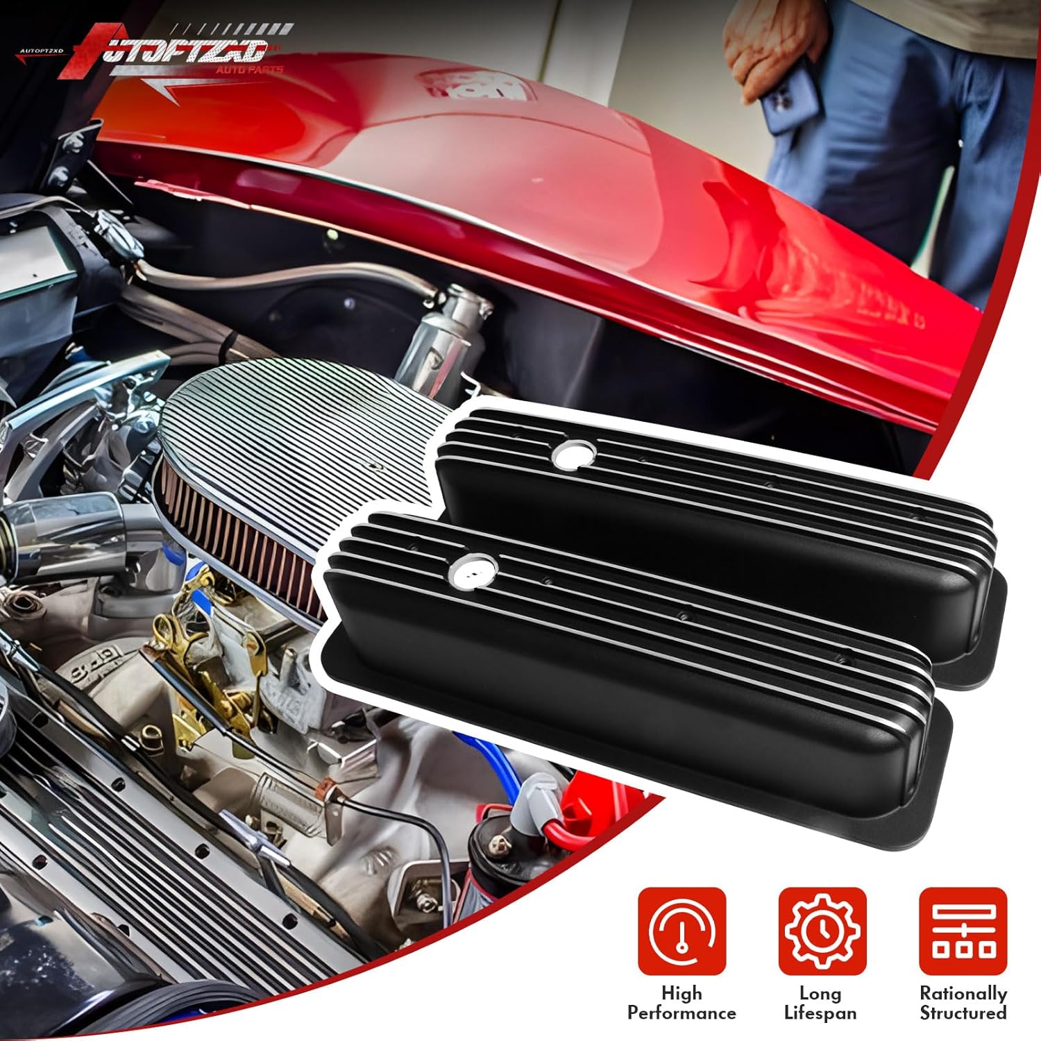 Tall Style Aluminum Finned Valve Covers for 1987-up Chevy SBC 305-350 Center Bolt w/Hole - Black