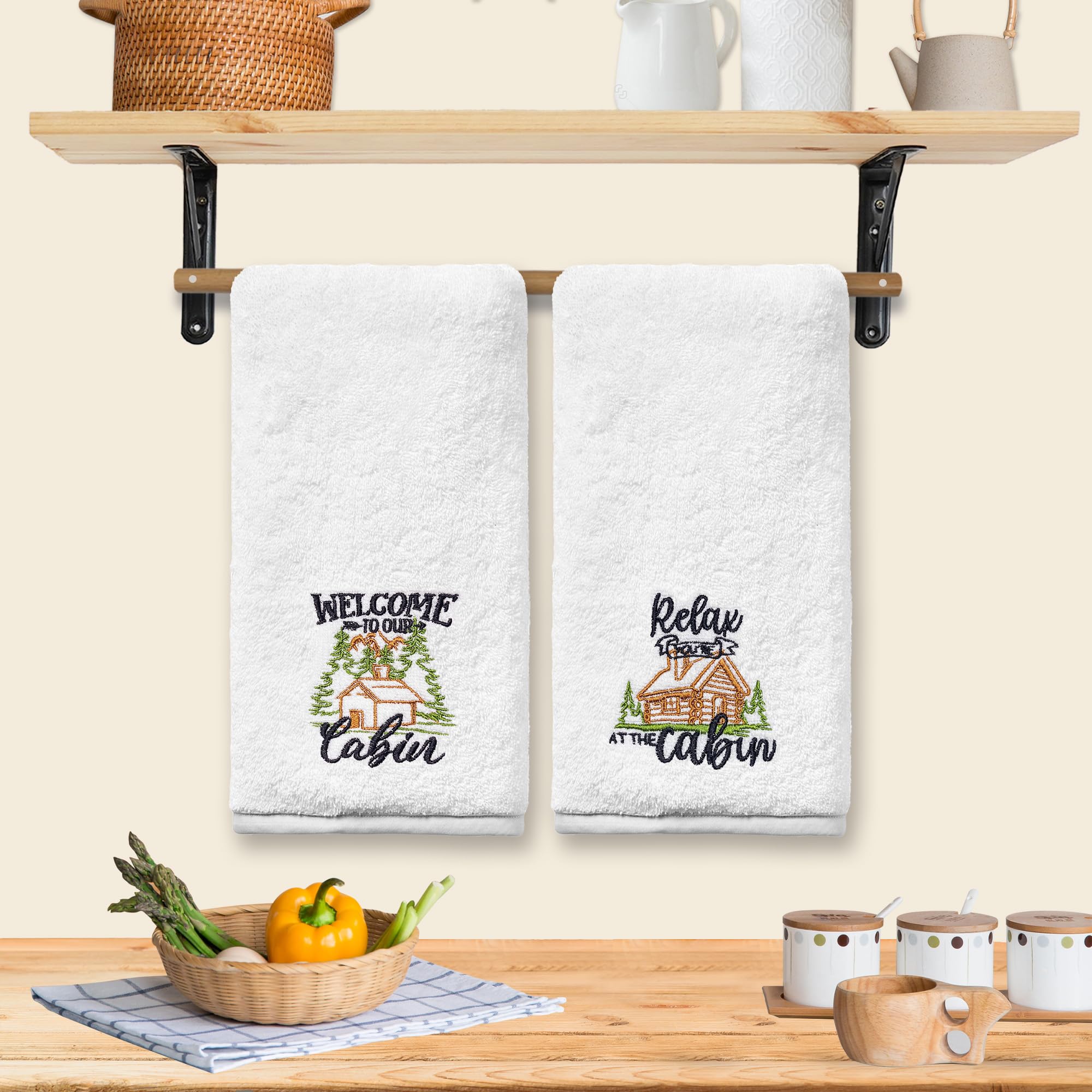 FUTBU Cabin Hand Towels for Bathroom, Cabin Decor Embroidered Dish Towels, Log Cabin Decor Gifts Decorative New Home Bear Deer Tea Hand Towels, 100% Cotton Soft Towels for Kitchen 14x30 Inches