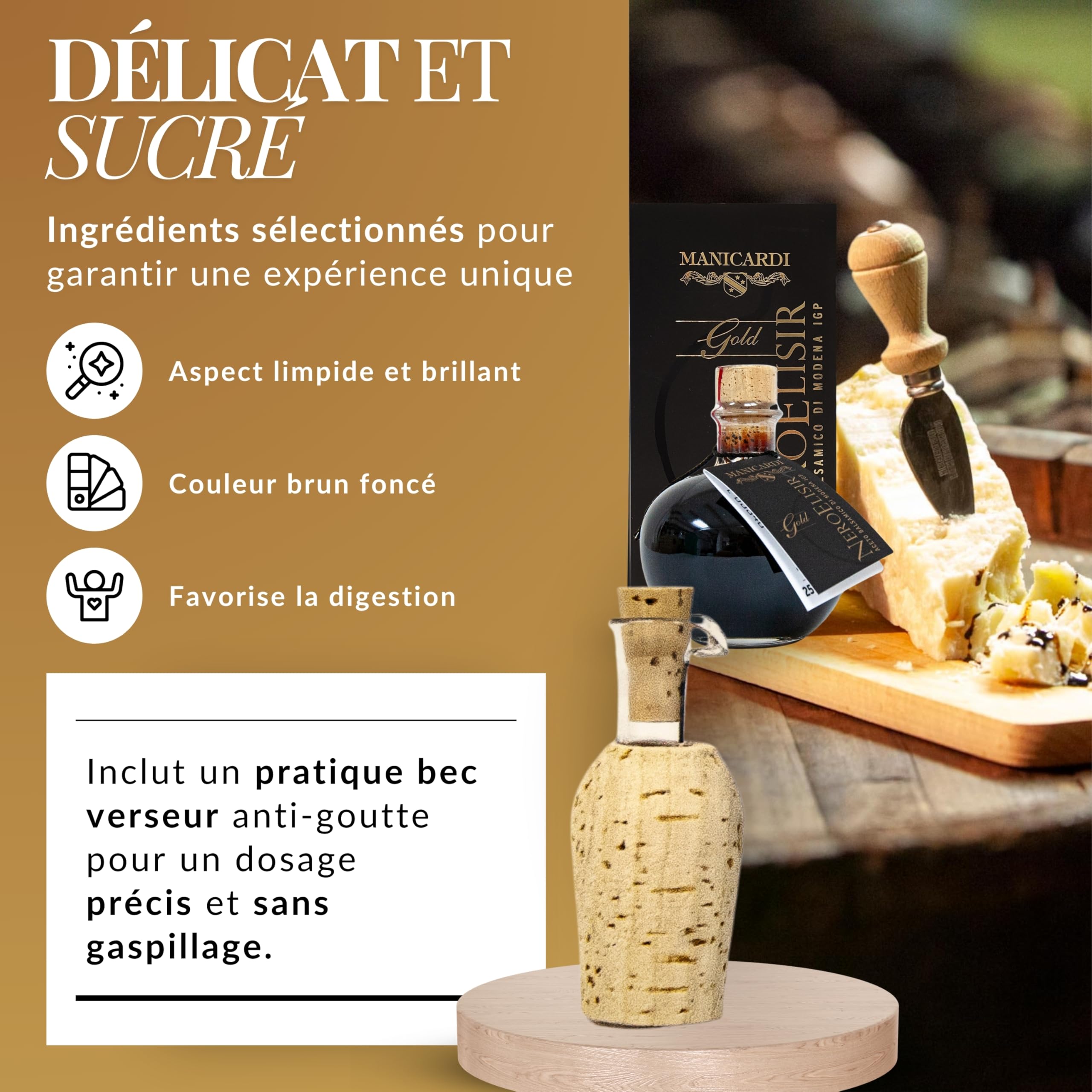 MANICARDI Vinaigre Balsamique de Modène IGP Nero Elisir Gold - Produit Italien avec bec verseur anti-goutte - Dense, parfait pour fromages, légumes, viandes rôties, fraises et glace, 250 ml