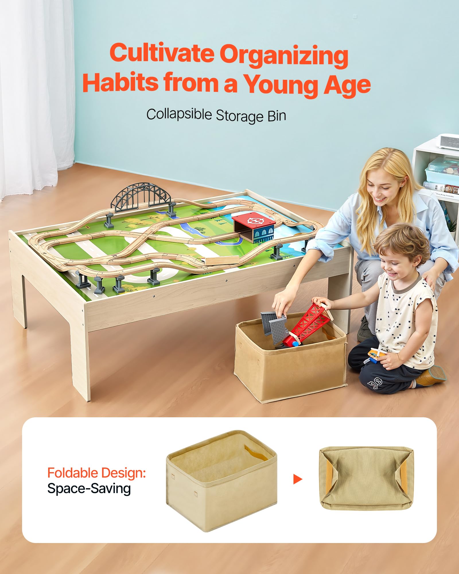 VEVOR Holz Aktivitätstisch, 120-teilig, mit zusammenklappbarem Aufbewahrungsbehälter, 3-in-1-Eisenbahn-Set zum Spielen, Malen, Lesen, Essen, kreatives Spielzeug-Set für Kinder ab 3 Jahren