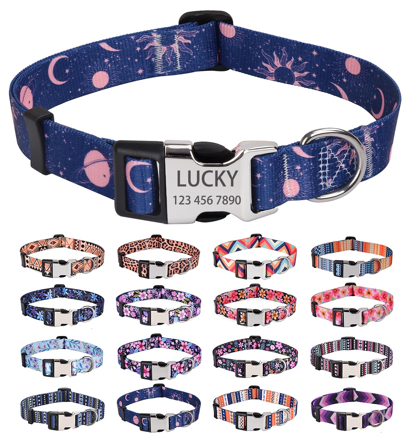 HQYDDMI Personalized Dog Collars - Customized Floral Geometry Dog Collar with Name and Phone Number - Adjustable for Small Medium Large Male Female Boy Girl Puppy Dogs(Universe,XS)