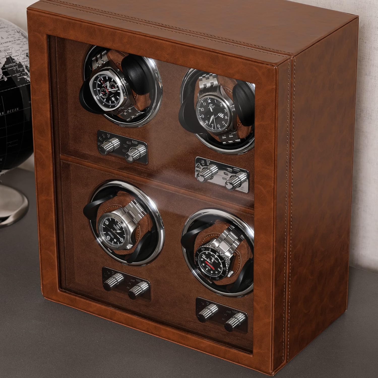 ROTHWELL 4 Watch Winder for Automatic Watches with Quiet Motor with Multiple Speeds and Rotation Settings (Tan/Brown)