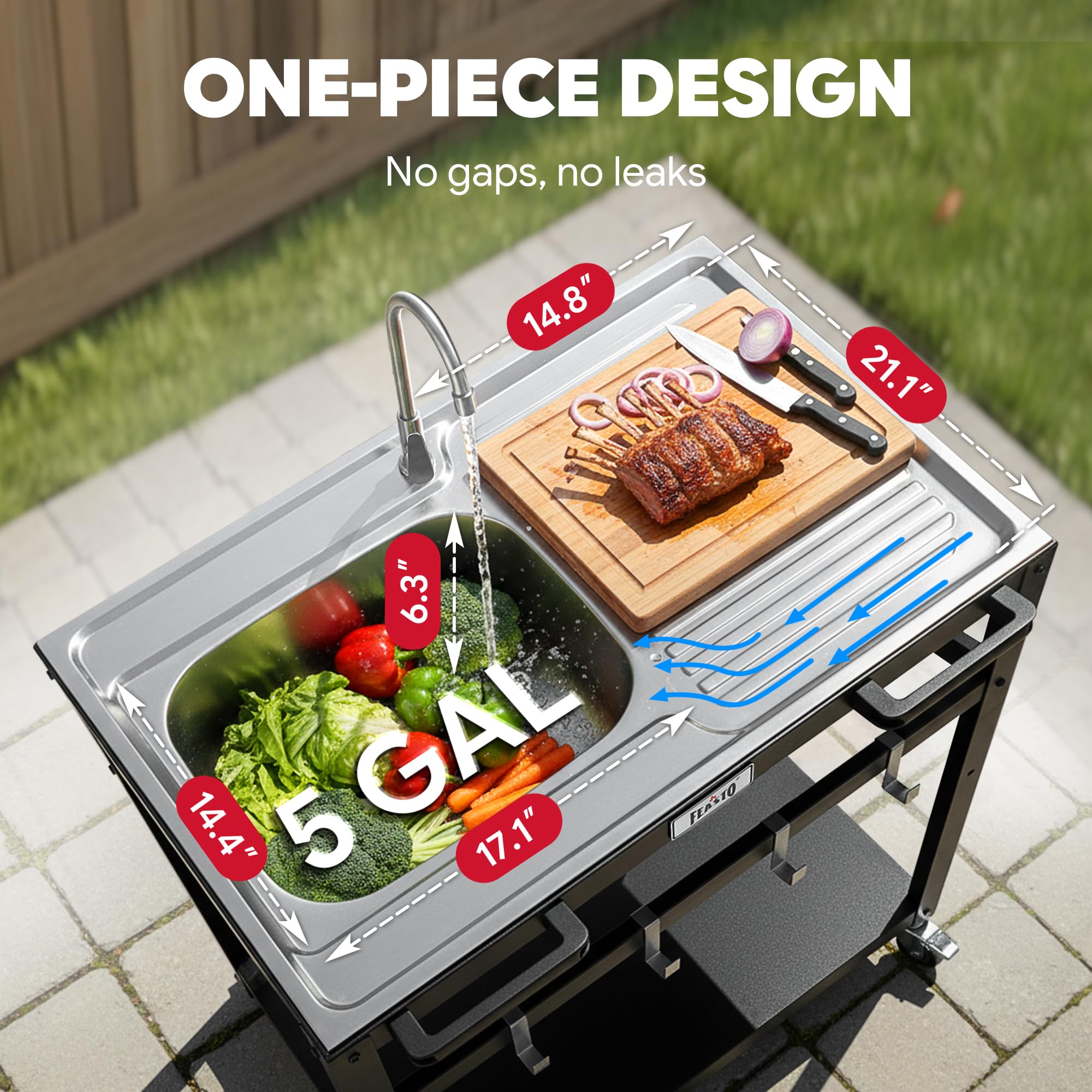 FEASTO Modulare Outdoor-Küchenspüle, freistehender Tisch mit Spüle, 304 Edelstahl, Einzelschüssel, Wasserhahn und Abtropffläche, Terrasse, Kochen, Garten, Grillen, bewegliche gewerbliche Küche