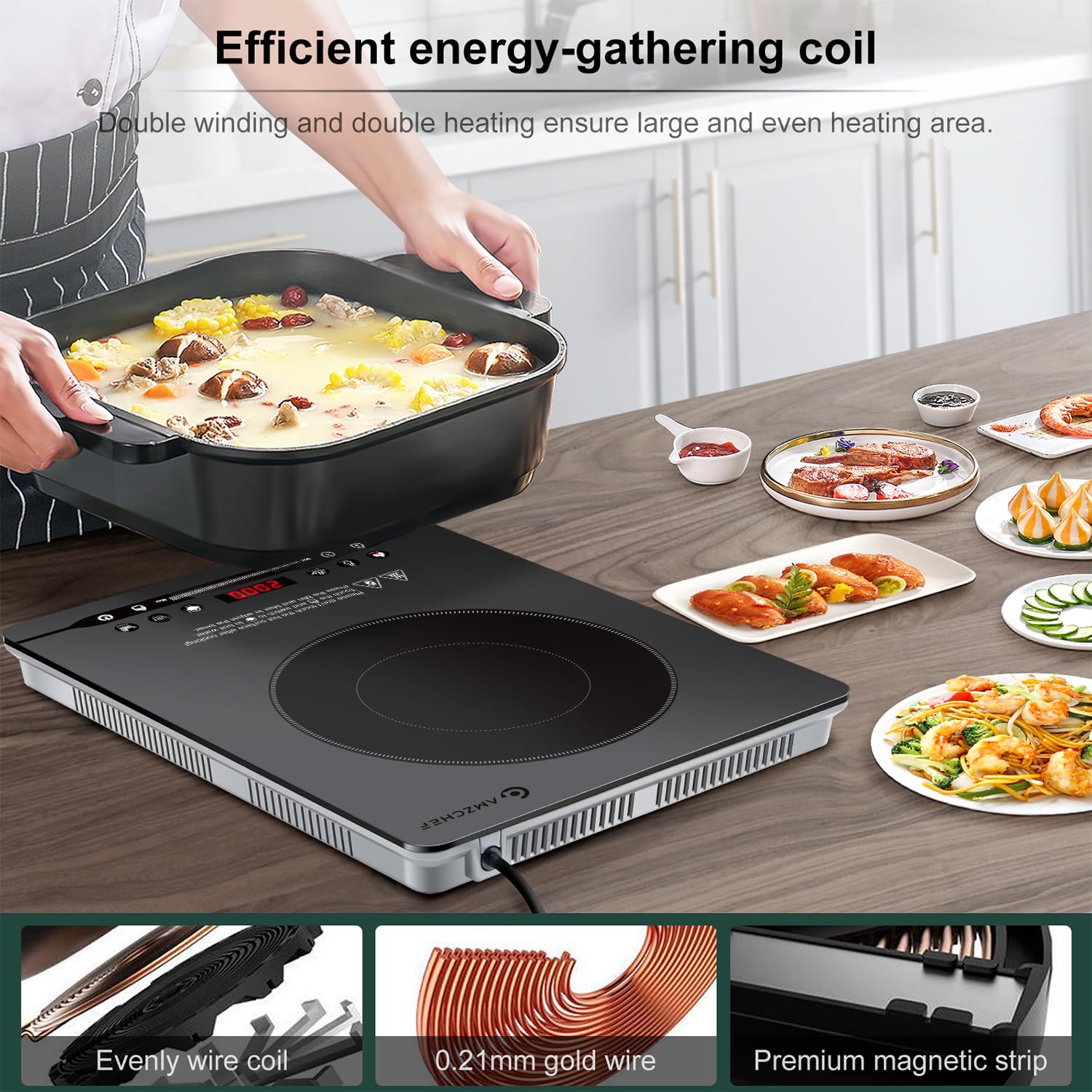 AMZCHEF 2000W Induktionskochfeld 1 Platte, Induktionskochplatte Einzel, Extra Leise (≤42dB), Nur 4cm Schlankes Design, 9 Stufen & 4 Menüs, Timer, Grau
