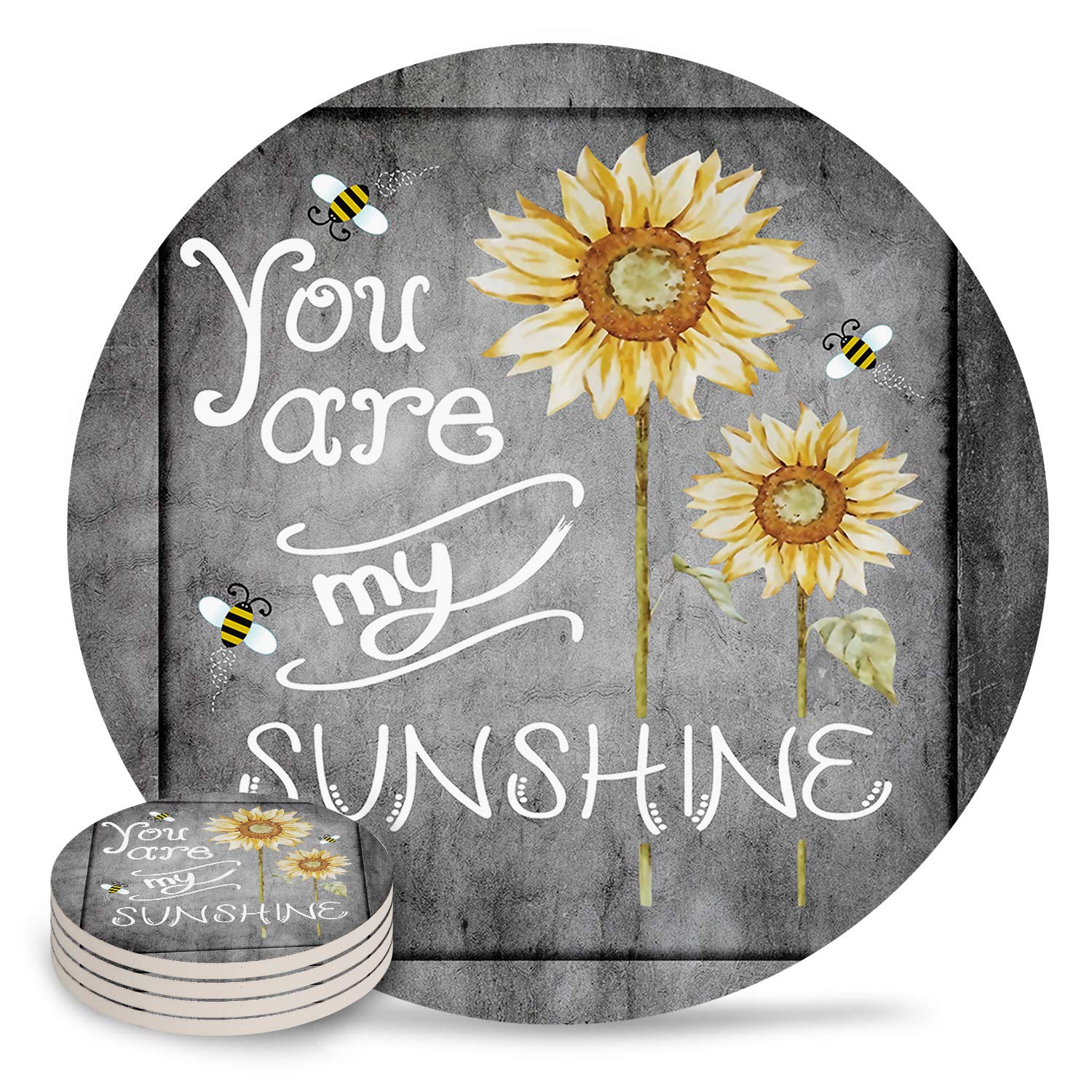 Vibiliyou 001 You Are My Sunshine Sunflower Bee Ceramic Coasters For Drinks,4-Piece Set ,You Are My Sunshine Sunflower Bee,Marble Pretty Absorbent Round Ceramics Cork Backed Cup Mat Housewarming Gift