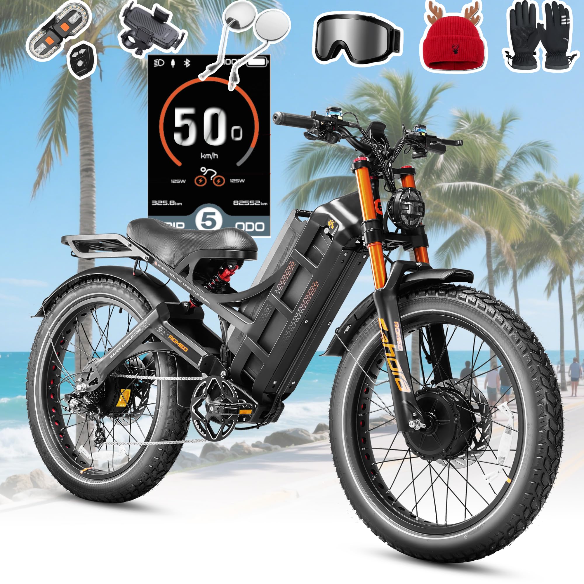 eAhora Romeo Pro 3/2 [2026] 46-50 Mph Electric Bike for Adults, Peak 5600W Dual Motor Ebike, 60V/52V 80Ah/70Ah 250 Miles Long Range E Bike, 26”*4.0 Fat Tire Air Full Suspension Off-Road E-Bike