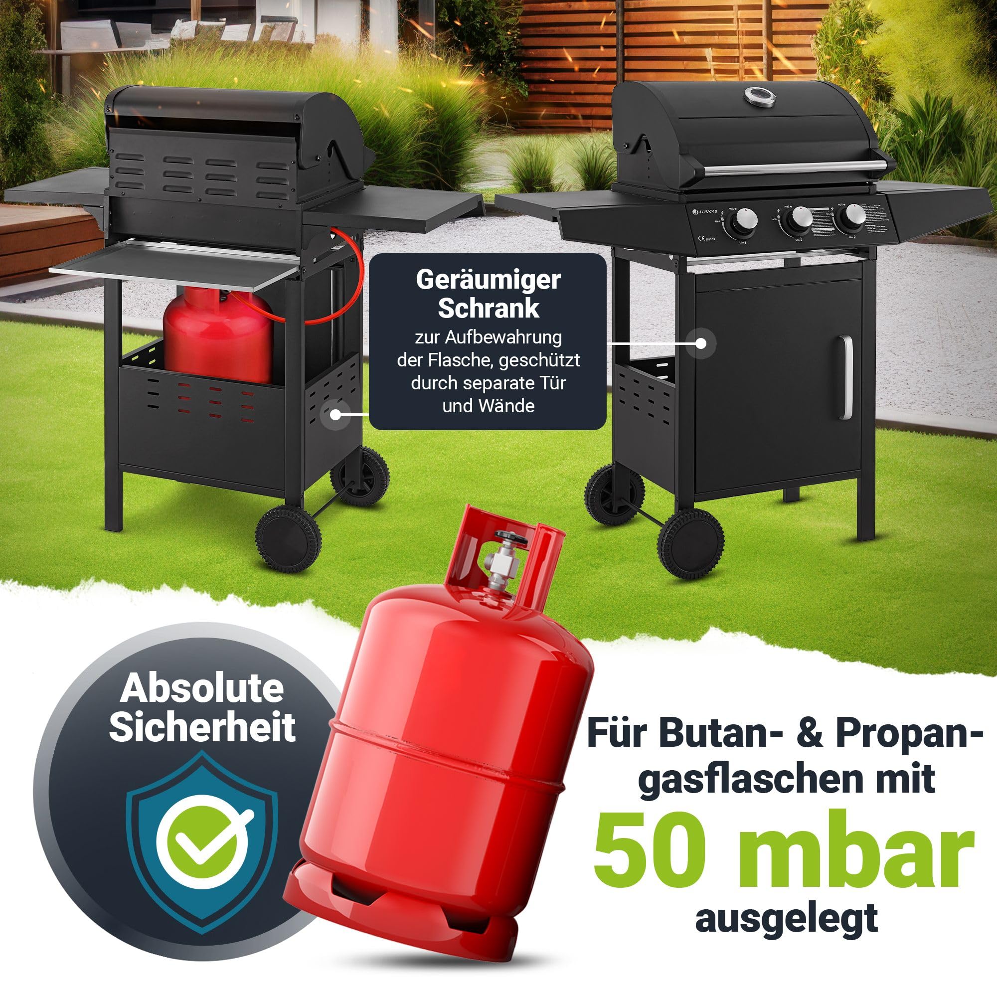 Juskys Gasgrill Louisiana 3 Brenner 8,1 kW – BBQ Grillwagen mit Deckel, Grillrost & Warmhalterost, Grill mit Thermometer, Seitenablagen & Abdeckplane