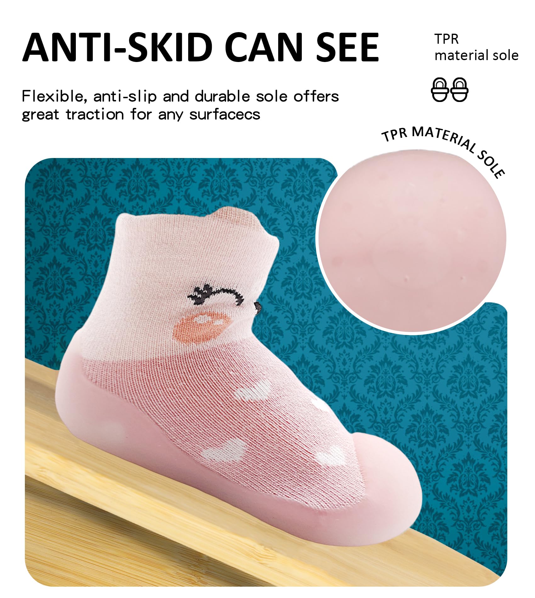 SEBELLST Baby Girl Sock Shoes Rubber Sole Non Slip Indoor Slipper Infant Girls First Walking Floor Shoes Soft Sole Non-Skid Slipper Breathable Lightweight Cotton Mesh Baby Shoes (Pink-3,9-12 Monthes)