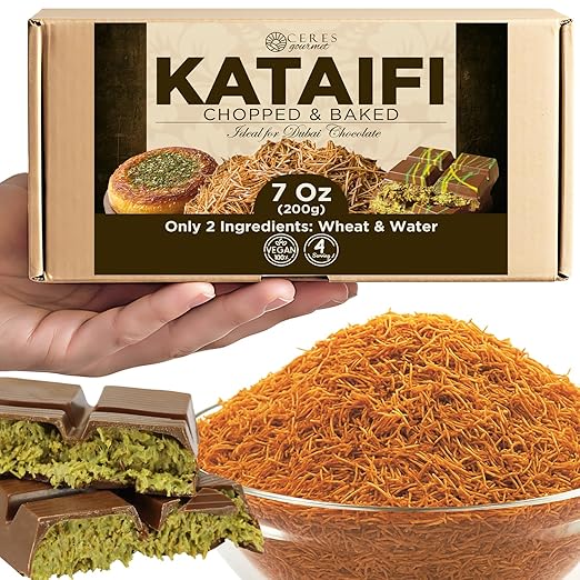 Cooked & Crushed Kataifi Shredded Fillo Dough (Kadayif/Knafeh), Ready-to-Use Katafi Pastry Topping for Dubai Chocolate Desserts, Vacuum-Sealed for Freshness – 7oz