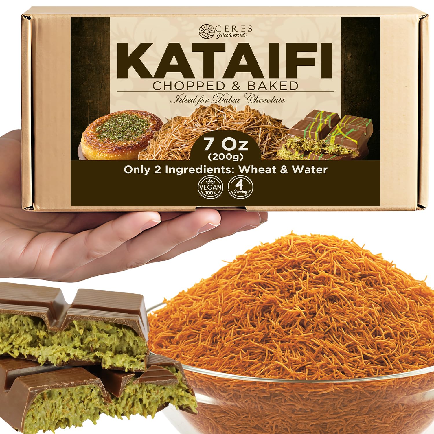 Cooked & Chopped Kataifi for Dubai Chocolate, Ready-to-Use Shredded Topping for Desserts, Crushed Kataifi, Vacuum-Sealed Kadayif Pastry for Freshness, (7oz)