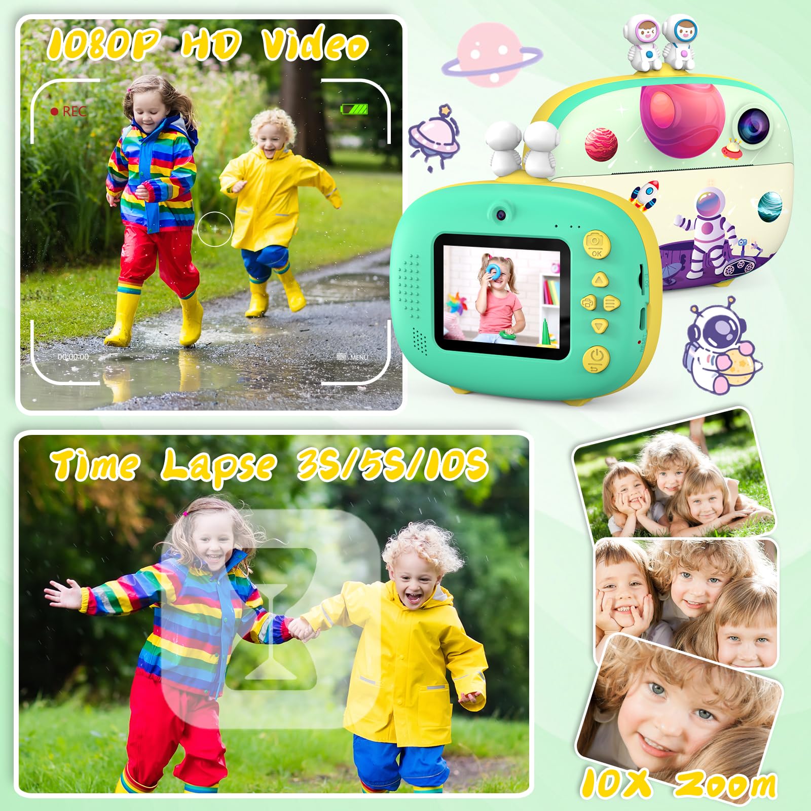 CHAKEYAKE Macchina Fotografica Bambini Istantanea,2,4 Pollici Digitale Fotocamera Bambini con 32GB TF Scheda e Carta Fotografica per Stampa, Regalo per Bambini dai 3-12 Anni (Verde)