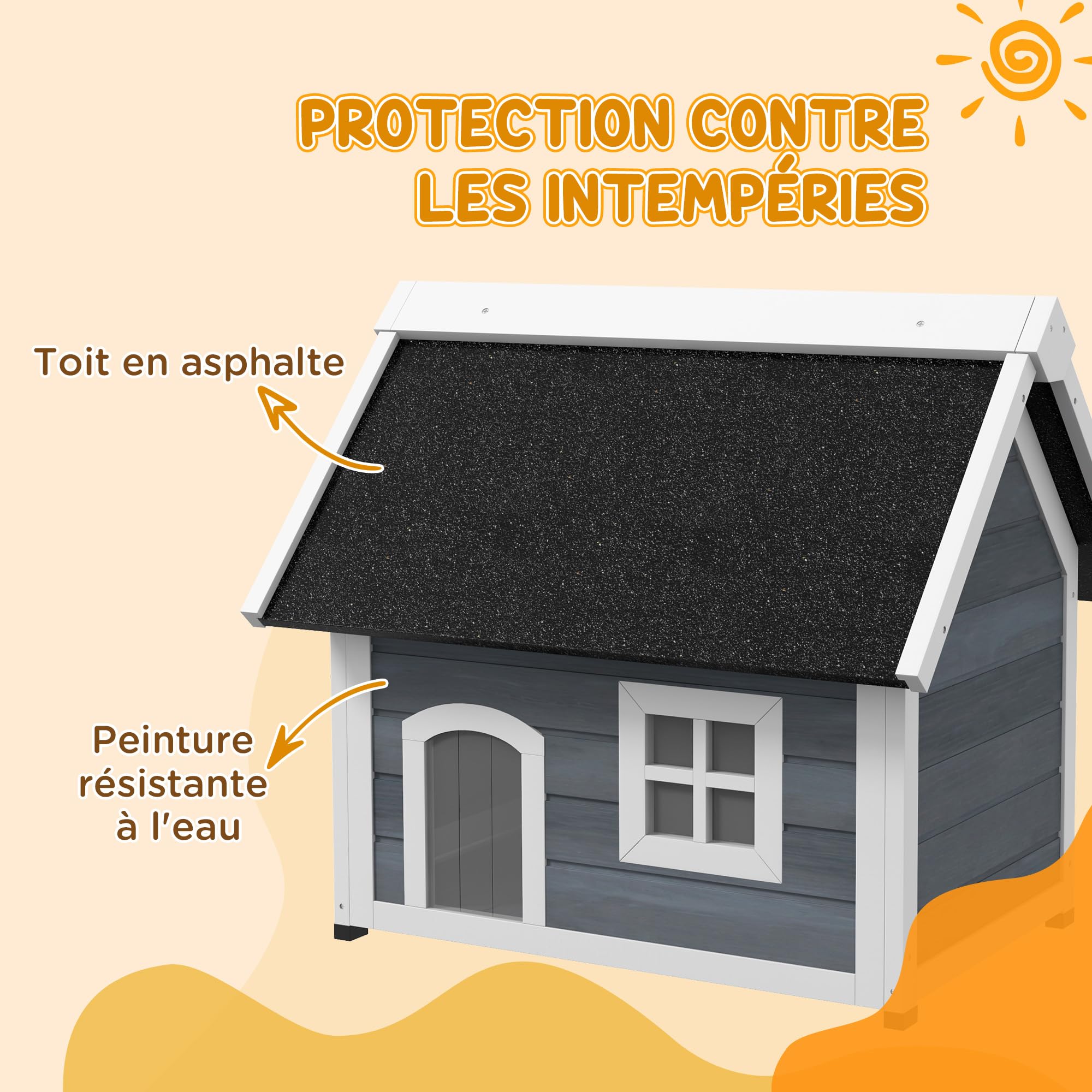 PawHut Maison pour Chat en Bois, Niche pour Chat, fenêtre en plexiglas, Porte à lamelles, Toit bitumé ouvrable et 3 Portes, Pieds en Plastique, 77 x 57,5 x 68 cm, Gris