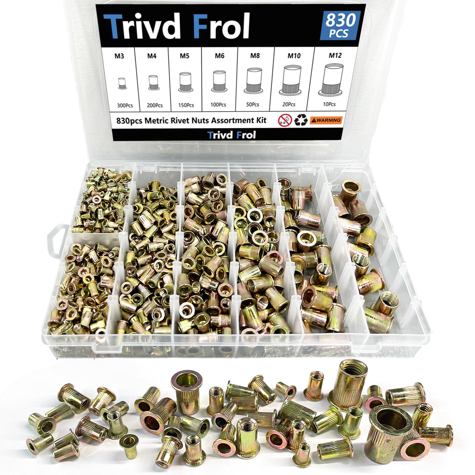 Rivet Nut Tool Kit, 830pcs SAE/Metric Rivet Nut Assortment Kit M3, M4, M5, M6, M8, M10, M12, w Galvanized Carbon Steel Flat Head Threaded Insert Nuts (Metric - 830pcs)