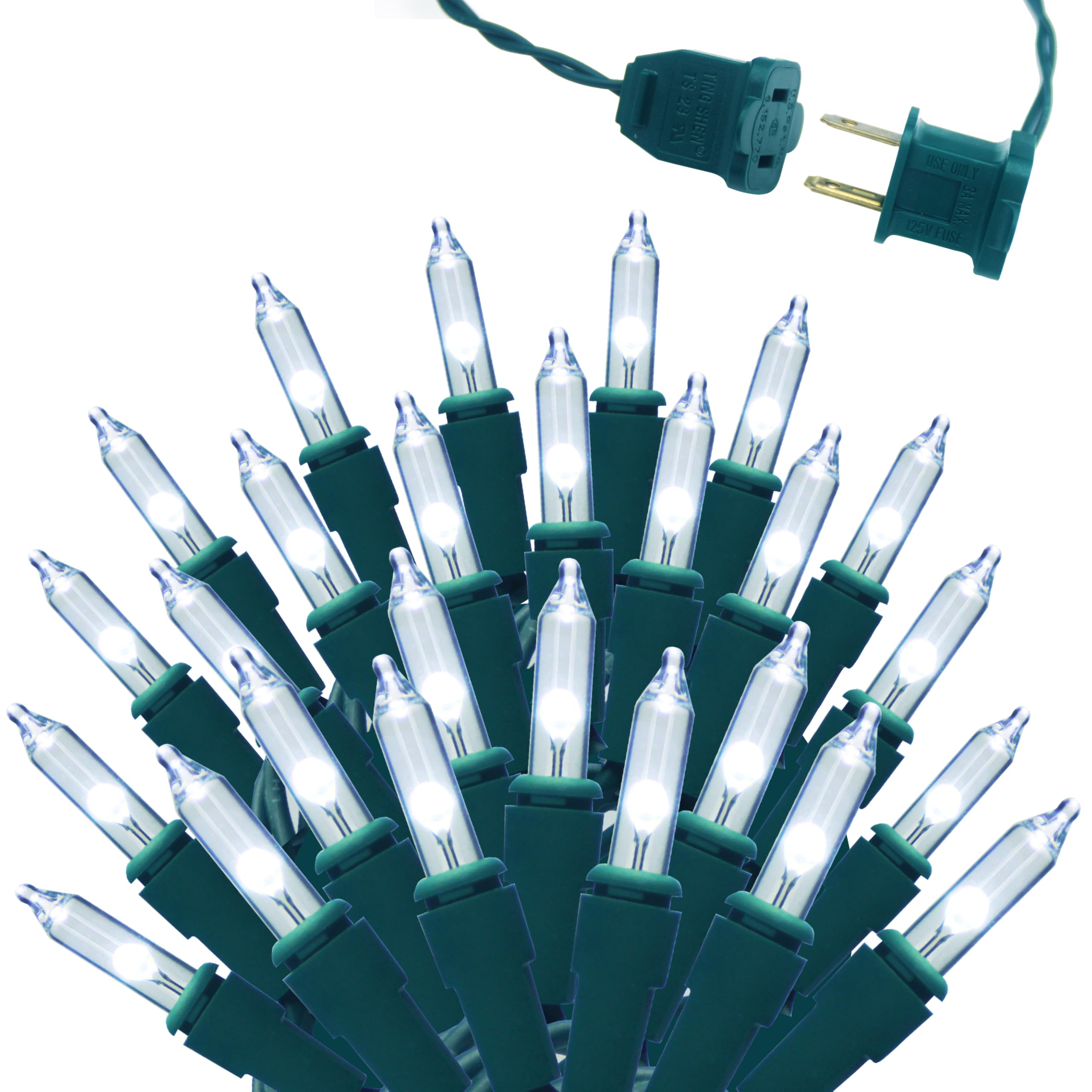 Luces LED de Navidad S7 de 35 pies para exteriores, alambre verde blanco frío, tira de luces de Navidad para interiores y exteriores, decoración de árbol y patio, certificación UL (blanco frío, 100)