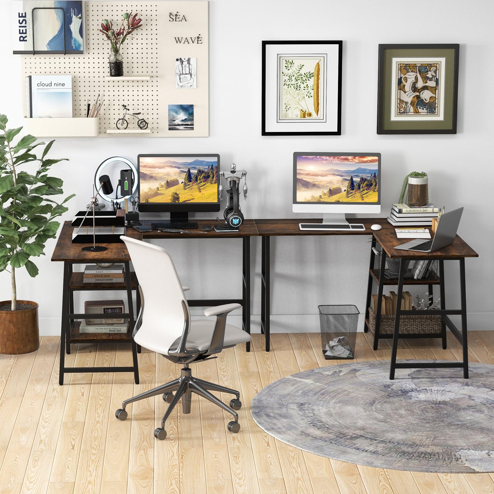 COSTWAY Escritorio Esquinero 120 x 120cm, Tomas de Corriente y Puertos USB, Escritorio en L con 2 Estantería, Estructura de Metal, Mesa Gaming L Oficina Casa (café)