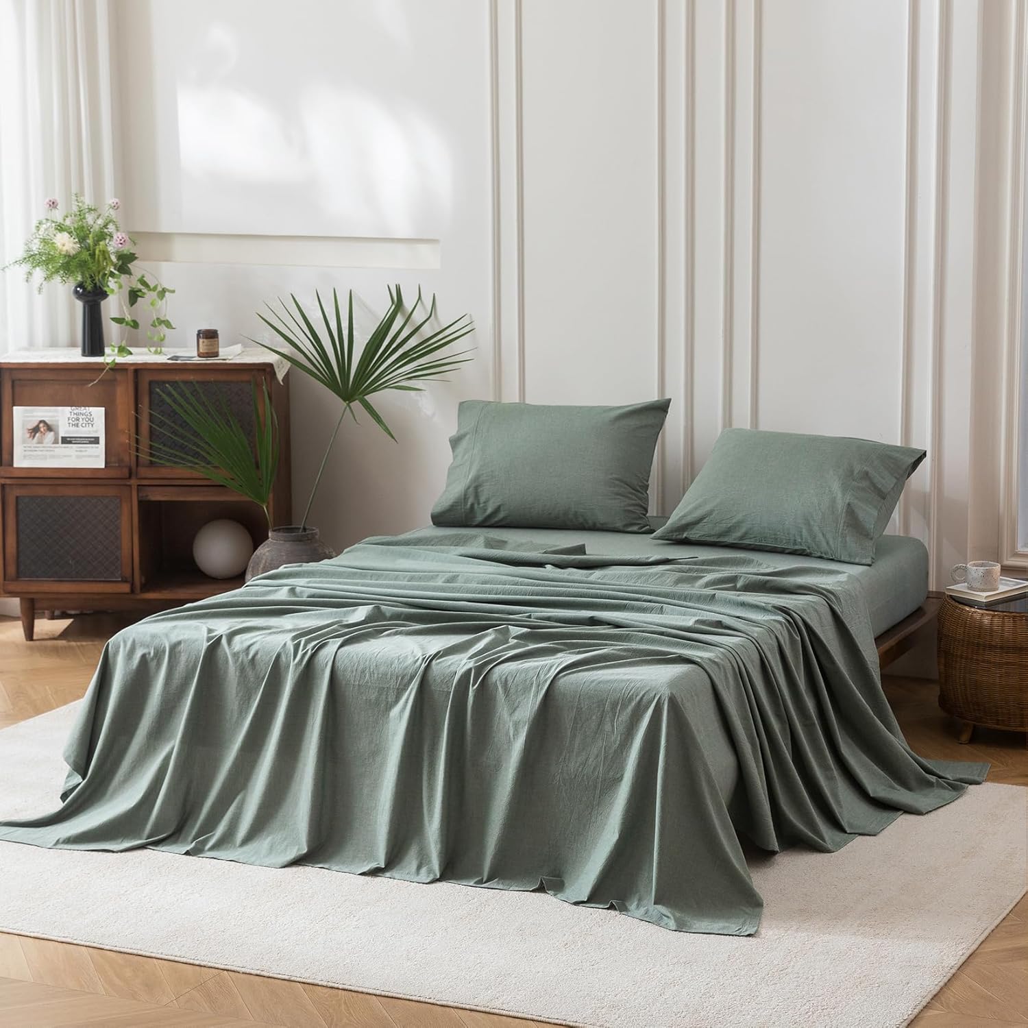 BDEAR 4PS Heathered Green King Size Bedding Set, Oeko-TEX Standard 100% Washed Cotton Linen Like Bedding Sheet Sets Cover Deep Pocket Fitted Sheet Plus Cozy Flat Sheet and 2 Pillowcases