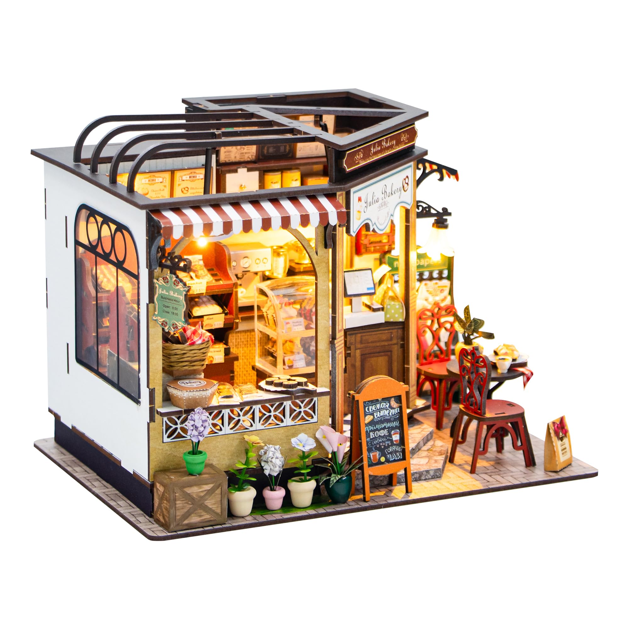 CUTEROOM Domek dla lalek z drewna, miniaturowy zestaw, miniaturowy zestaw do piekarni, model Julia's Café, kreatywny prezent dla dorosłych