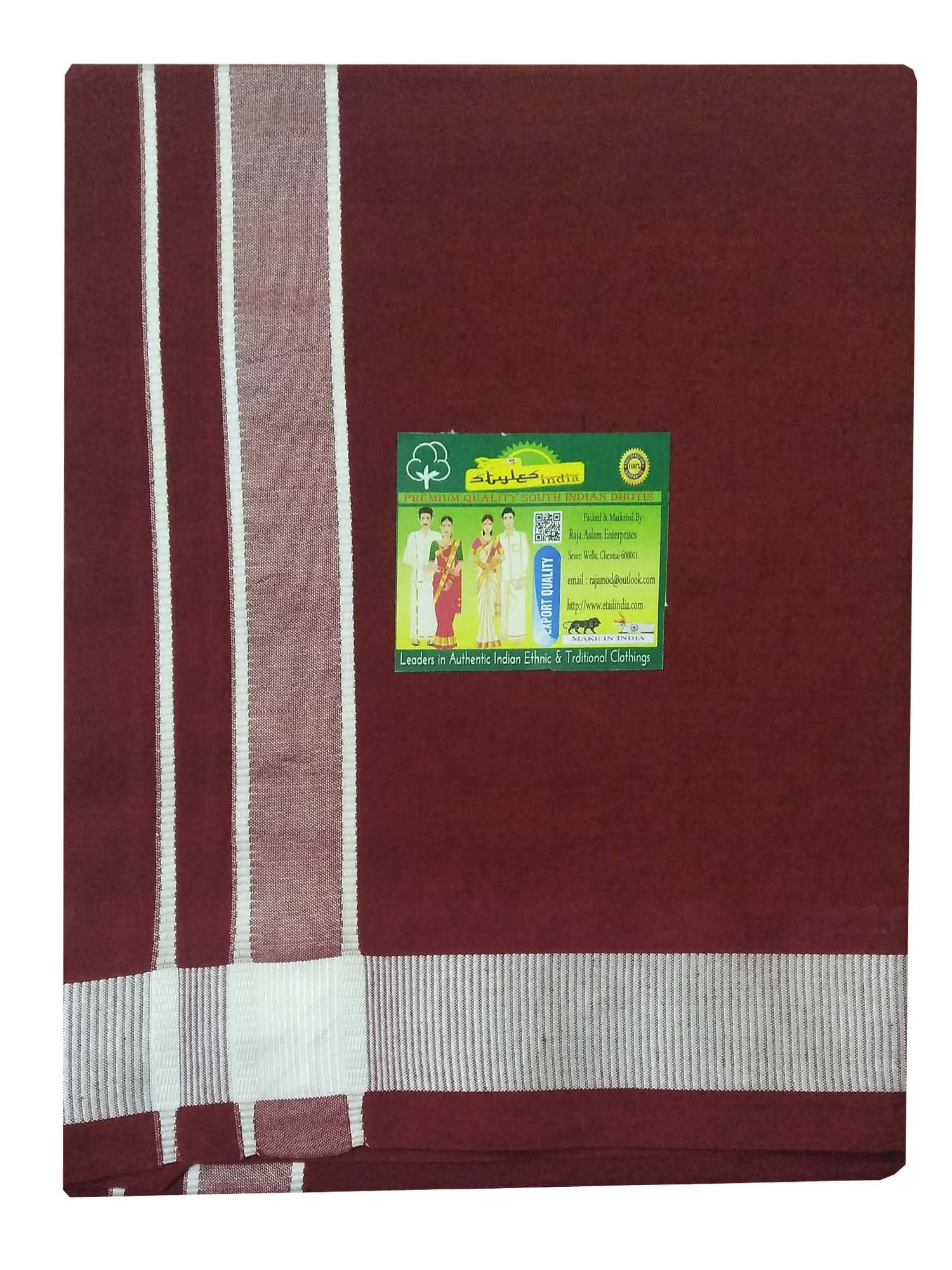 StylesindiaMen's Cotton Colored Dhoti with Fancy Border Kerala-style Veshti Mundu Kaili Lungi 2.0 Mtrs