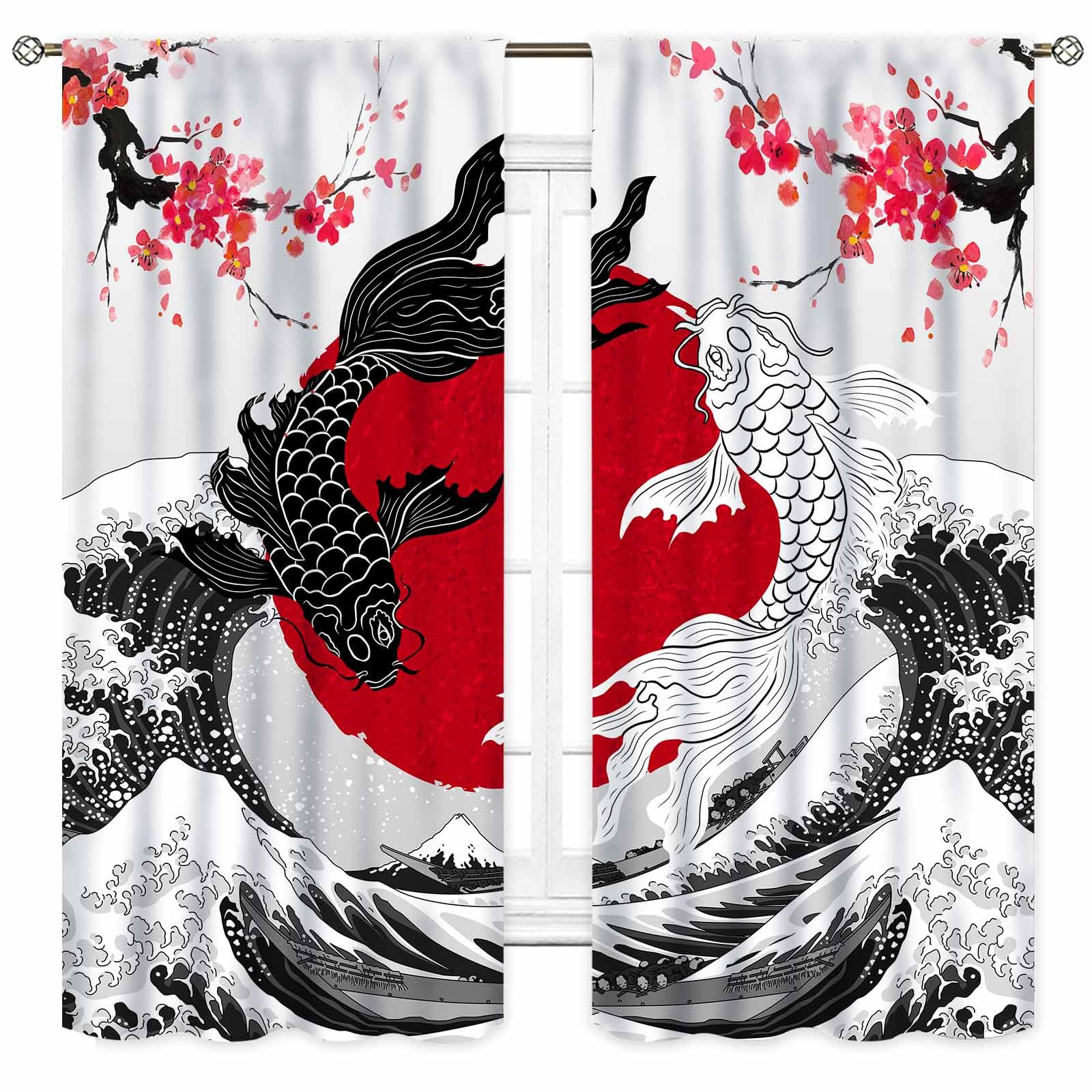 Tende giapponesi, stile asiatico, anime giapponesi, nero, bianco, yin, yang, koi, pesce fiore di ciliegio, grande onda, tende orientali per finestre, trattamenti per camera da letto, soggiorno,